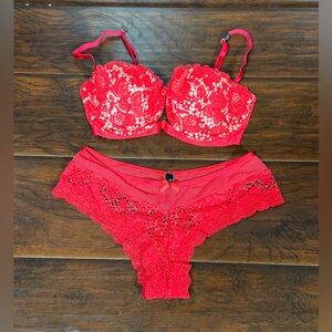 Victorias Secret Very Sexy Bra Panty Set Red Lined Balconet 32D Bra Small Cheeky